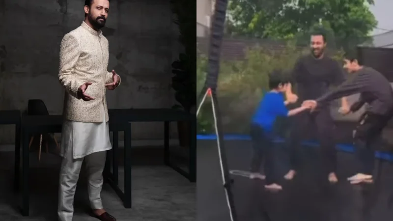 Atif Aslam and his kids enjoying raining in Lahore on the Trampoline